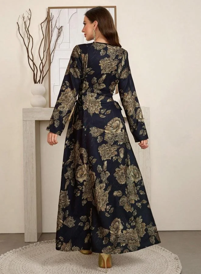 تايك تو جلابية بطبعة زهور وأربطة جانبية